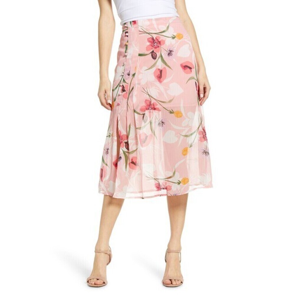 Leith Chiffon Floral Printed Midi Skirt size S in pink